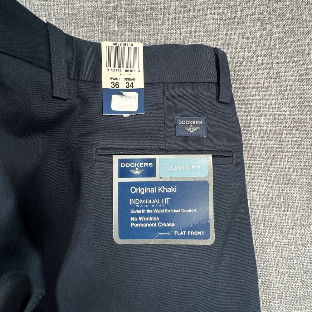 Dockers Original Khaki Pants Mens 36x34 Navy Classic Fit Flat Front Chinos NEW
